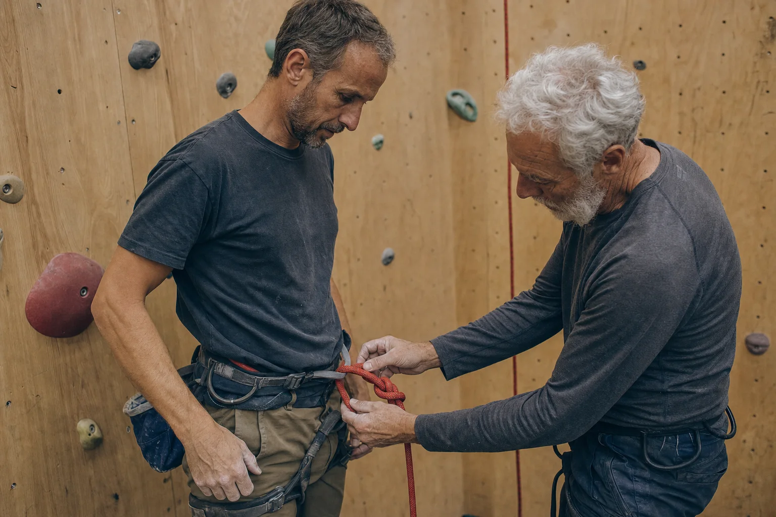 Two climbing partners carefully check a harness and rope before leaving the ground.