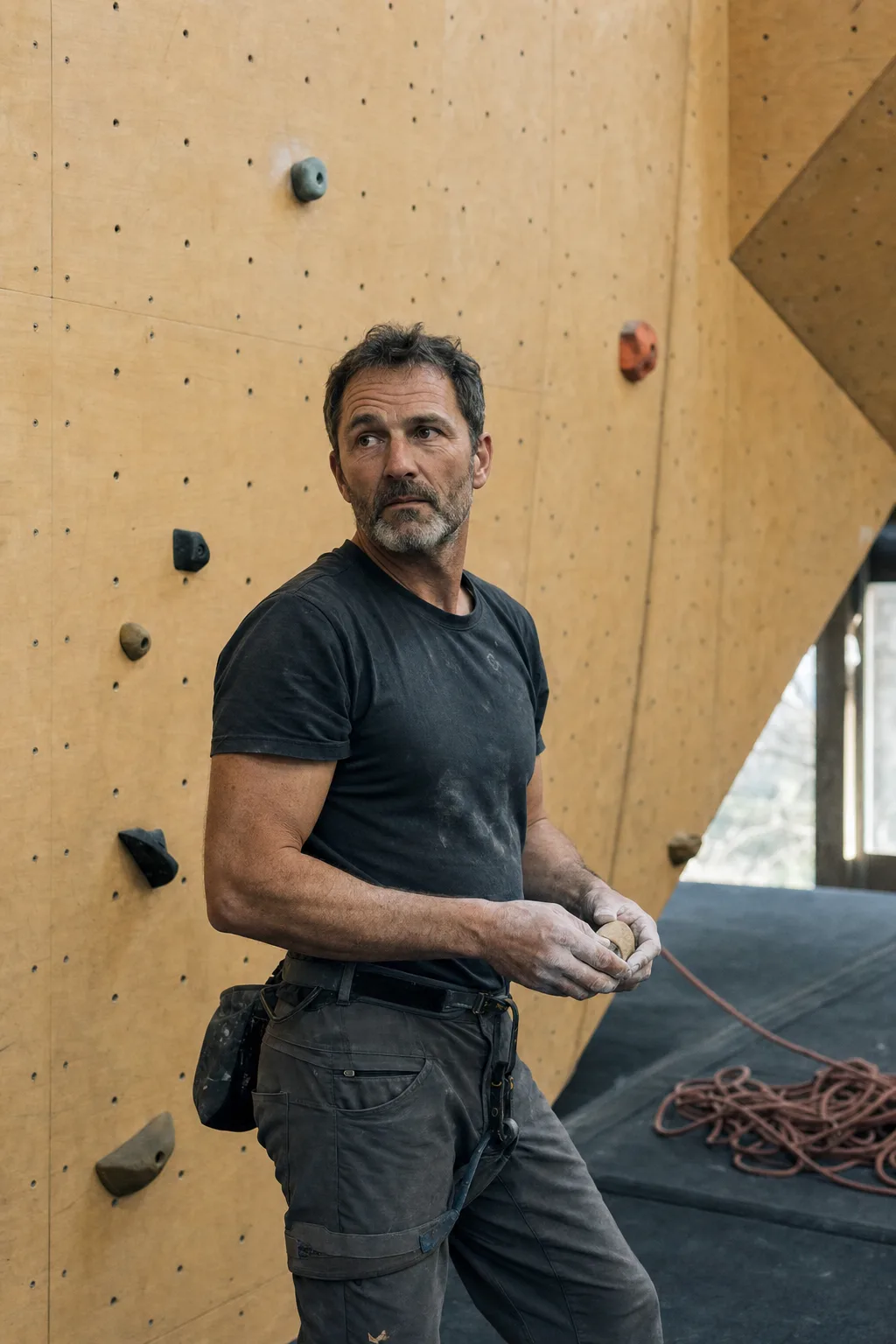 A climbing routesetter with chalked hands pauses beneath a plywood wall in a quiet gym.