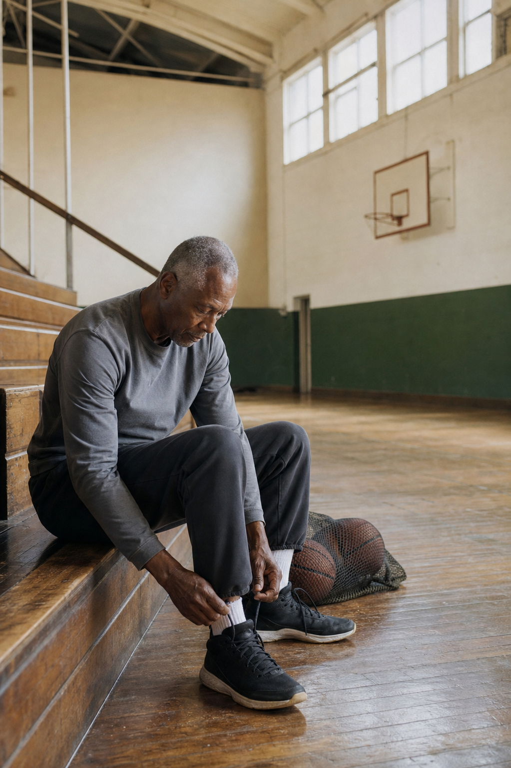 An older basketball coach ties his shoe in an empty neighborhood gym.