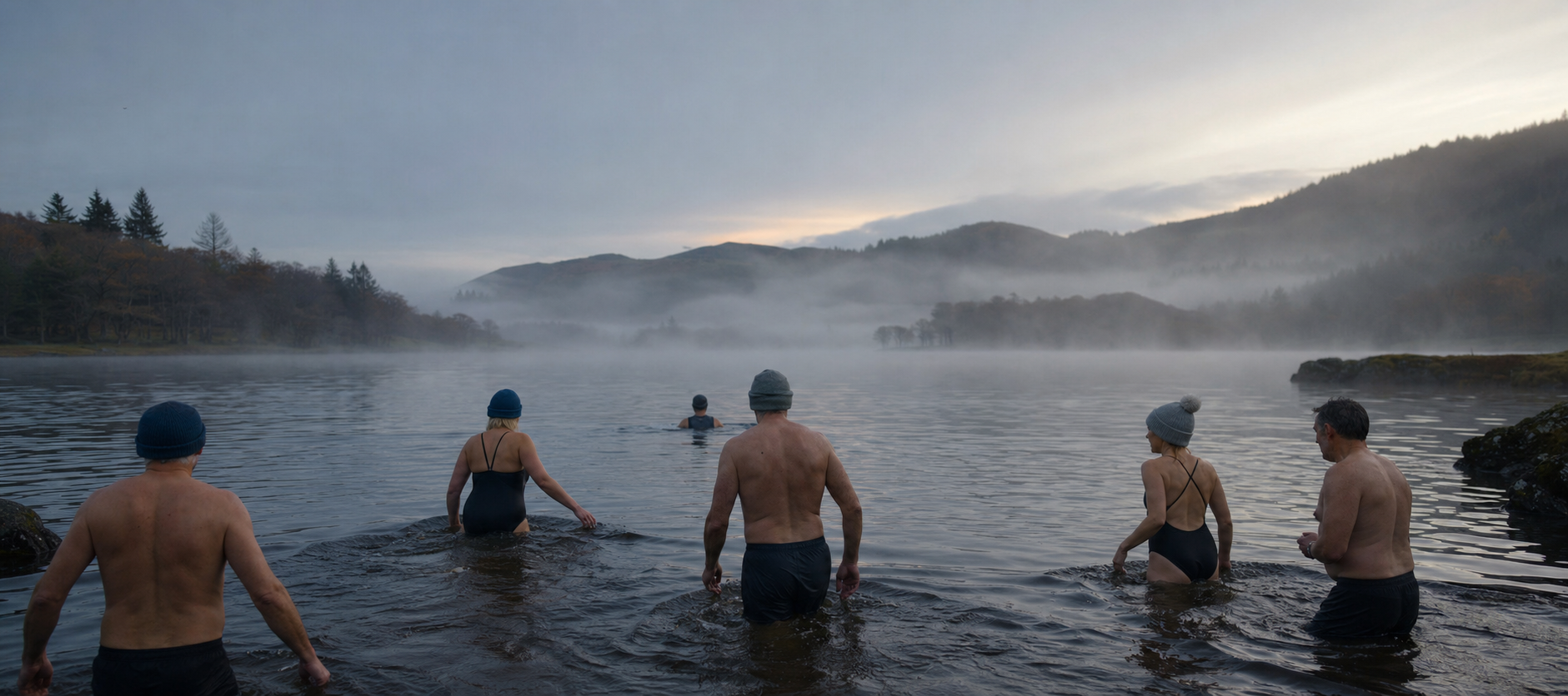 A group of open-water swimmers enters a misty lake at dawn.