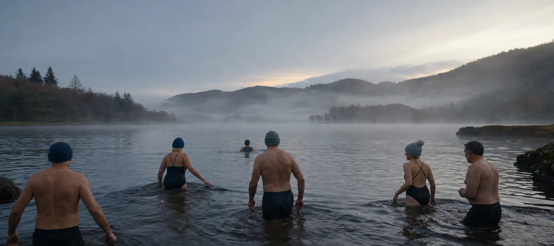 A group of open-water swimmers enters a misty lake at dawn.