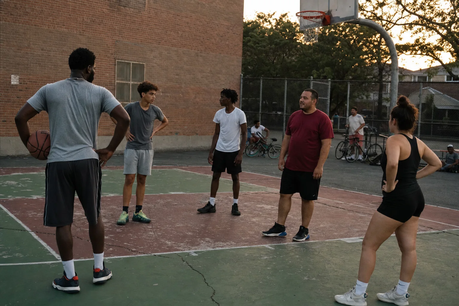 A mixed-age group talks between games on a weathered outdoor basketball court.