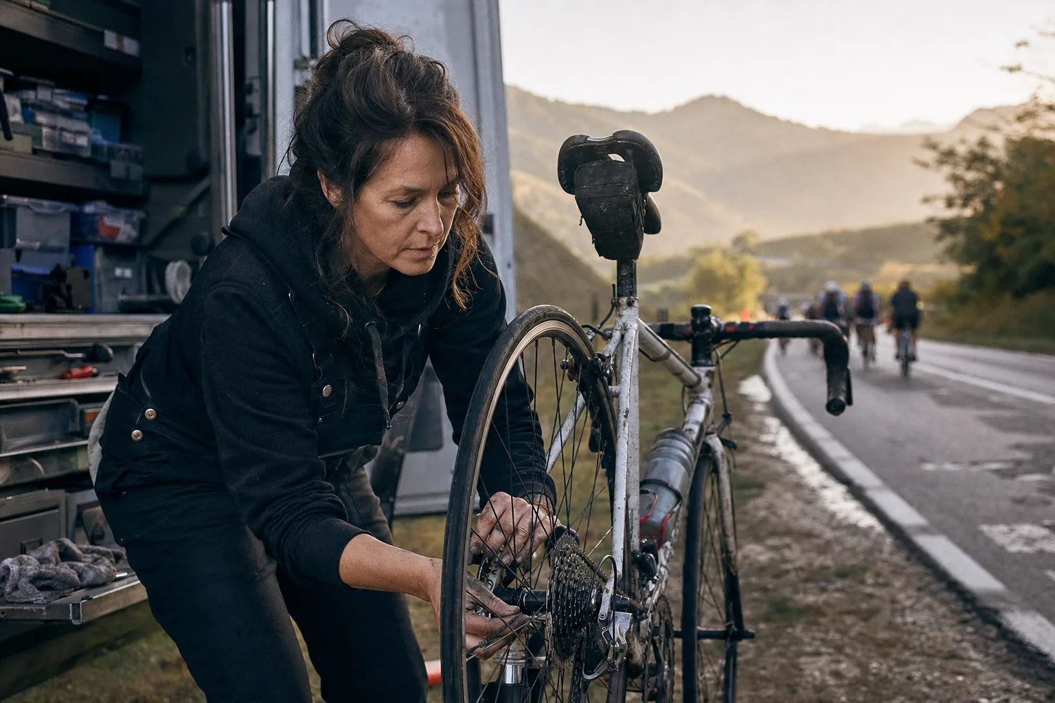 A bicycle mechanic adjusts a racing bike beside a service van as riders pass on a rural road.