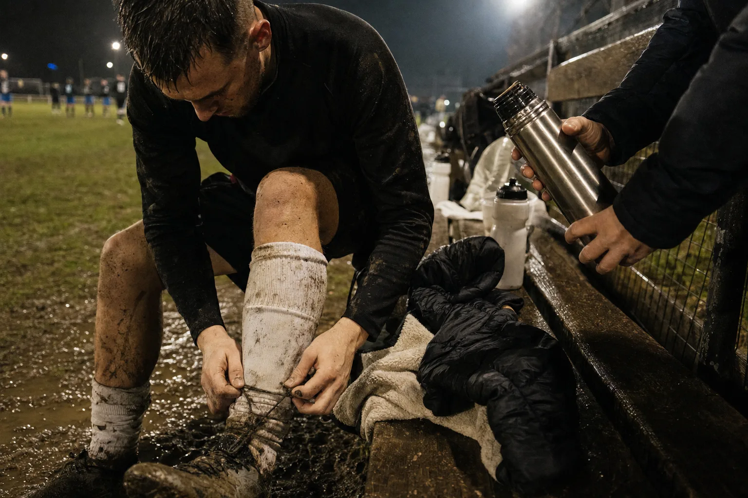 A substitute ties a muddy boot beside coats and an unmarked thermos on a wet sideline.