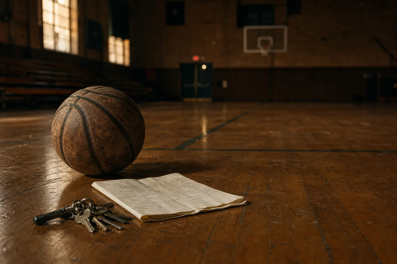 A worn basketball, keys and folded practice plan rest on a scuffed gym floor.
