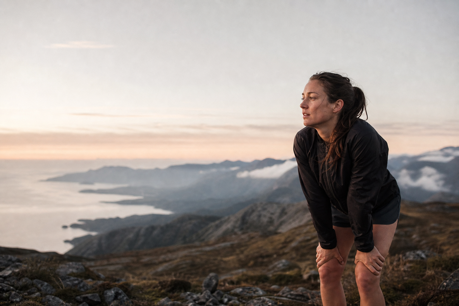 A trail runner pauses on a coastal mountain ridge at dawn.