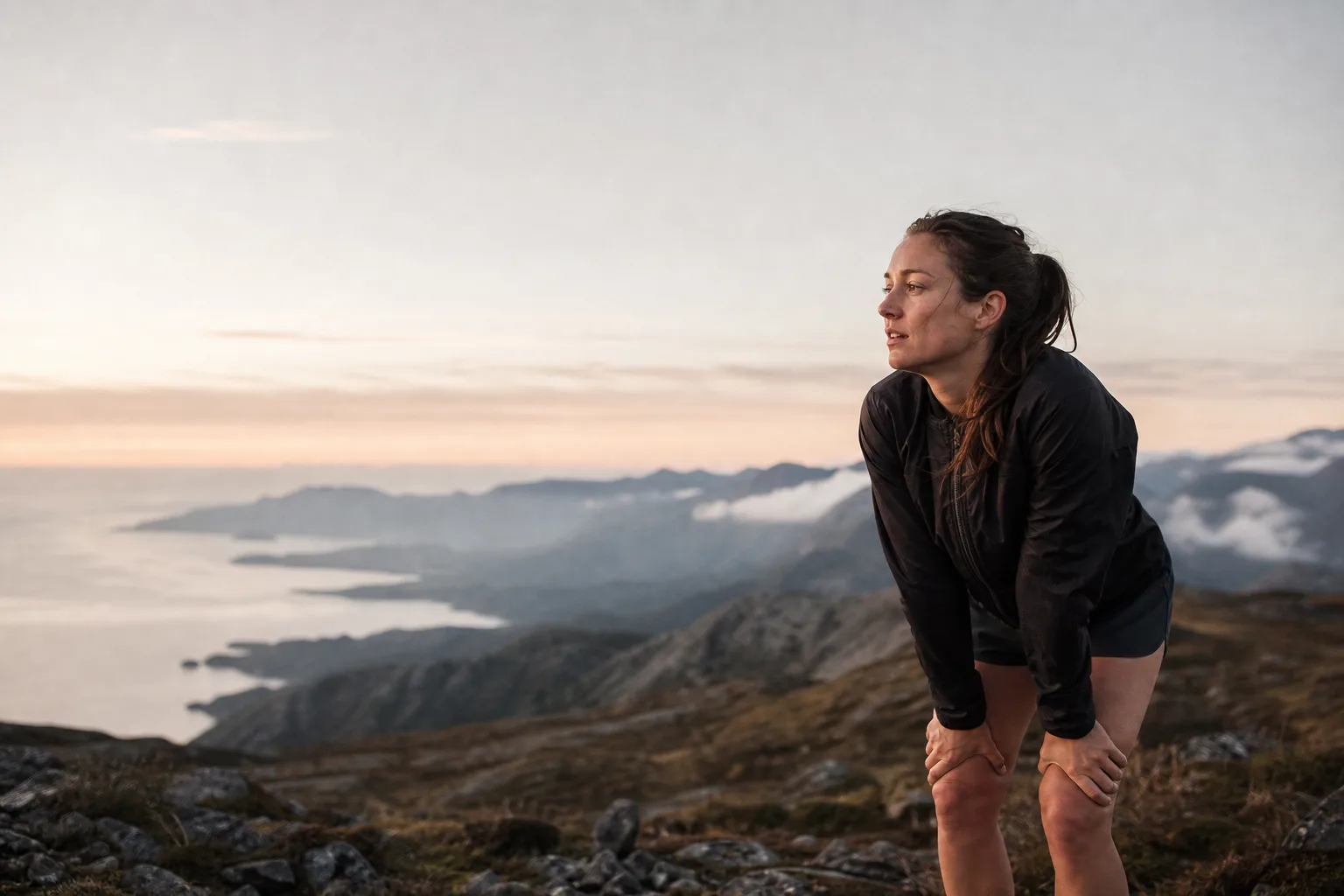 A trail runner pauses on a coastal mountain ridge at dawn.