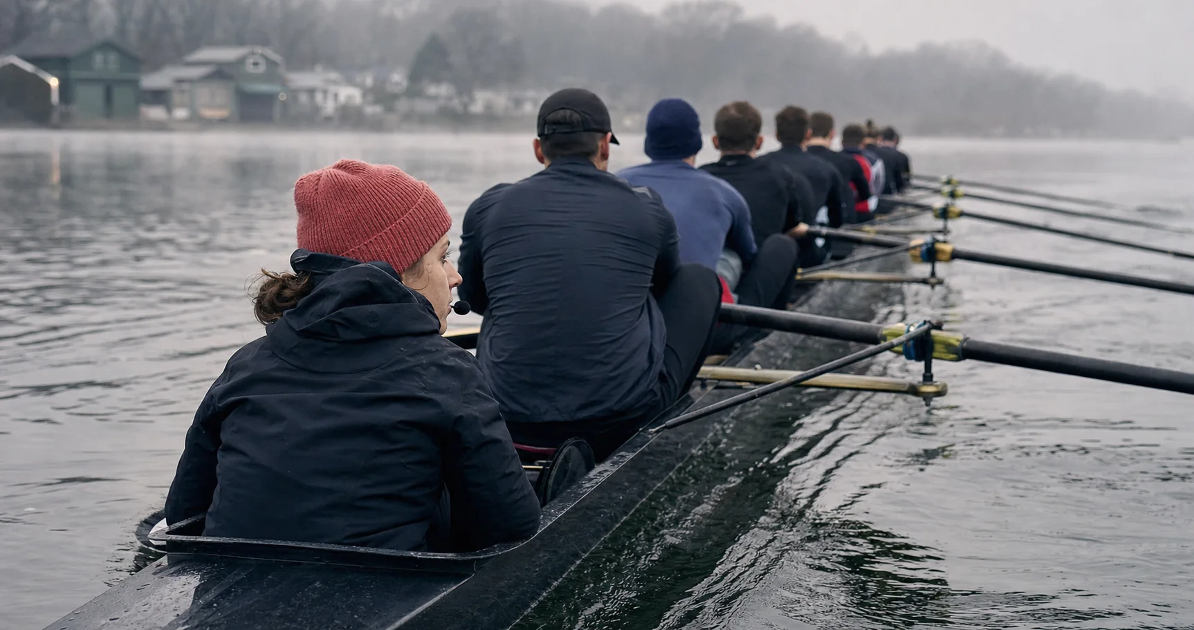 A coxswain in a red hat sits at the stern of a rowing eight on a misty river.