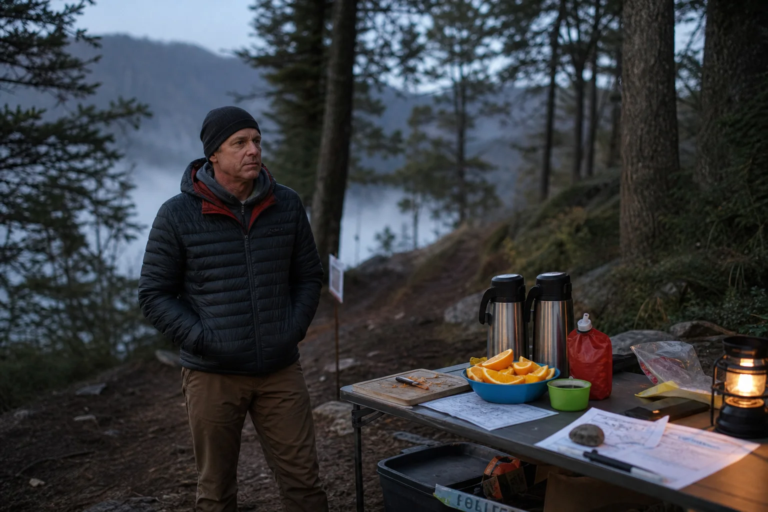 A volunteer waits beside a simple trail aid station as evening settles over a mountain forest.
